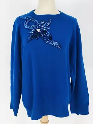 Vintage 1980’s Wool Beaded Sweater Medium Blue Long Sleeved Crew Neck Long • $27.64