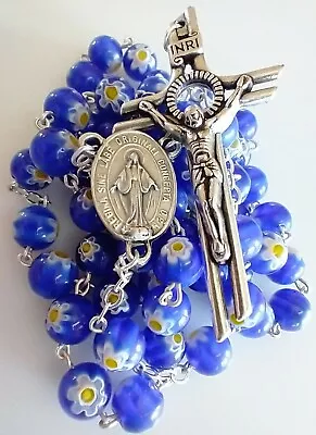 Beautiful Blue Catholic Murano Millefiori Glass Rosary Miraculous Medal • $21.99