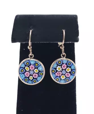 Sterling Silver Multicolor Murano Millefiori Floral Dangle Earrings • $19.99