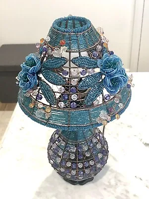 Vintage Handmade Seed Beaded Flowers Accent Night Table Lamp Gorgeous! • $69