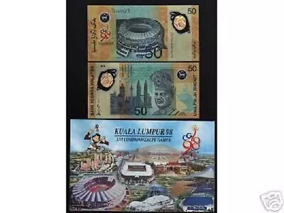 Malaysia 50 RINGGIT P-45 1998 UNC COMMEMORATIVE Sukom Game POLYMER NOTE + FOLDER • $199.99