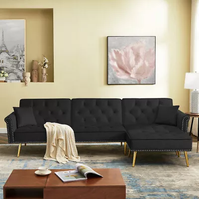 Velvet Convertible L Shaped Sectional Sleeper Sofa Bed Folding Modular Couch Set • $564.30