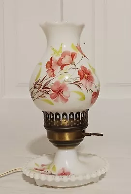 Vintage Milk Glass Hurricane Bedside Lamp Wild Pink Rose Flower Image • $20