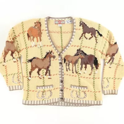 $22.49 • Buy VTG Cardigan Bay Horse Button Up Sweater Yellow Women's L