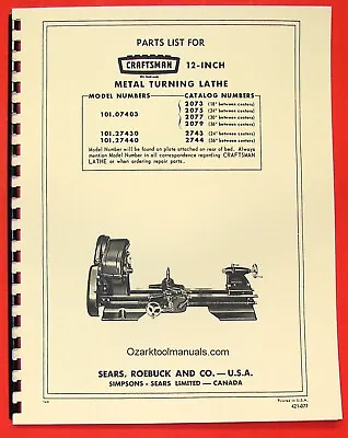 CRAFTSMAN/ATLAS 12  Metal Lathe 101.07403 101.27430 101.27440 Parts Manual  0191 • £11.66