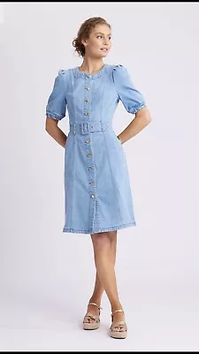 Review Cruise Denim Dress Sz 12 Soft Blue Side Pockets Belt Brand New Sold Out • $99