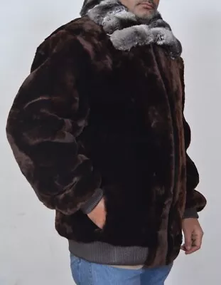 Black Brown Real Mouton Sheared Beaver Fur Jacket Chinchilla Fur Collar Allsize • $1399