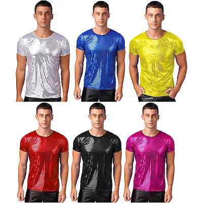 Men Sparkle Sequin Short Sleeve Shirt Shiny Dot 70s Disco Nightclub T-Shirts Top • $8.92