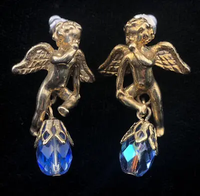 Vintage Kirks Folly Golden Angel/Cherub Earrings~AB Lavender-Blue CrystalsFJT • $19.95