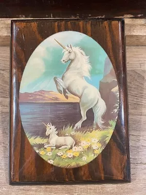 Lacquered Rearing Unicorn Mare With Unicorn Foal Oval Picture On Wood Square • $17.99