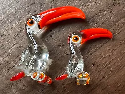 Attractive Art Glass Pelicans ?Murano 2.5” & 1.75” Tall VGC • £18