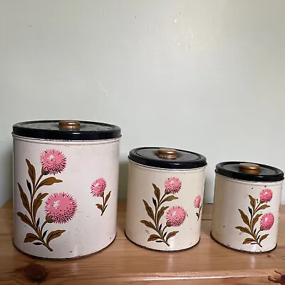 Vintage 1950's Decoware Metal Round Canister Set-3 Pink Thistle • $39