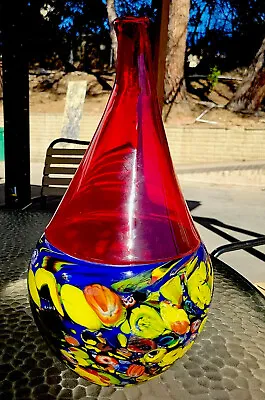 Vintage Murano Art Glass Vase Blue Red Cane Murrine Blown Millefiori Base Heavy • $68