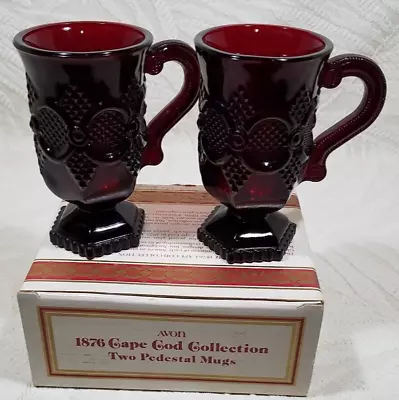 VINTAGE AVON 1876 CAPE COD COLLECTION RUBY RED GLASS 6oz. PEDESTAL MUGS • $9.95