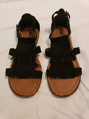 Minnetonka Womens Fringe Suede Sandals 10 Black Flats • $19