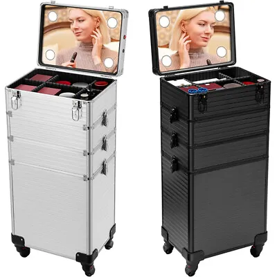 4in1 Makeup Rolling Train Case Cosmetic Organizer Box 3 Color Led Lighted Mirror • $99.99