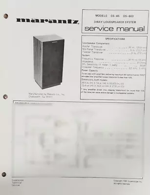 Marantz CS-65 - DS-603 3-Way 12  Loud Speaker System Service Manual - Original • $15