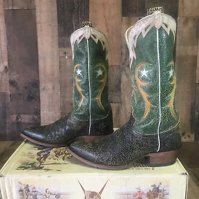 Justin 6316 Vintage Green Leather Inlay Cowboy Boots Mens 9.5 EE • $235