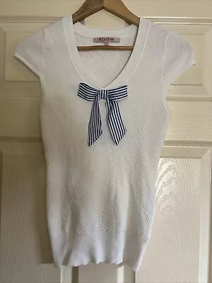 REVIEW White Cap Sleeve Knit Blouse Top Size 6 Removable Blue Stripe Bow NEW • $15