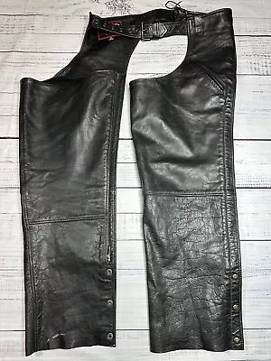 First Genuine Leather Chaps Black Adjustable Waist Motorcycle Riding Gear Men M • $26.77