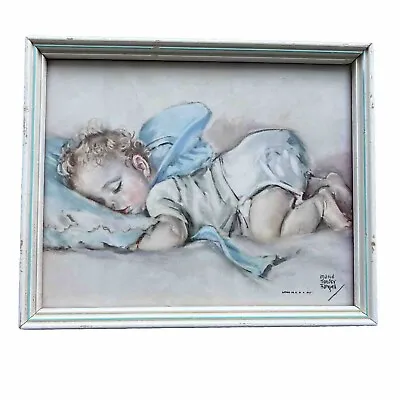 Maud Tousey Fangel Vintage Lithograph Bottoms Up Sleeping Baby Boy Bonnet Framed • $24.90