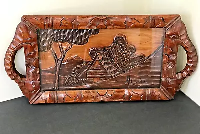 22  Vintage 1950s Hand Carved Wooden Tea Tray Mexico Folk Art • $29.50