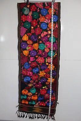 Traditional Mexican Table Runner Handmade Embroidered Bold Bright Floral Black • $100