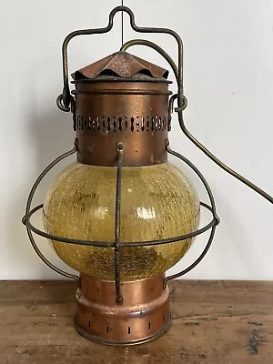 Vintage Electric Copper Cabin Hanging Lamp Onion Lamp Yellow Crackle Glass Globe • $75.76