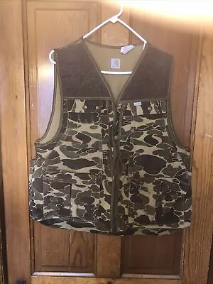 Vintage 80s Men's Carhartt Duck Camo Vest VU103 USA  Large. Zip Open Game Bag • $49