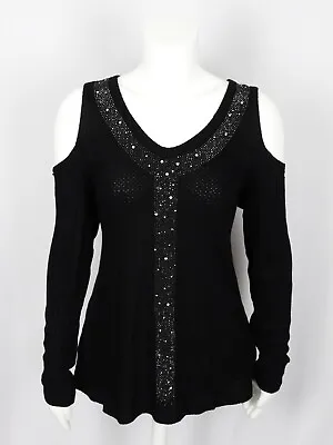 VOCAL Womens Black Stripe Crystals Cold Shoulder Long Sleeve Shirt Top • $34.36