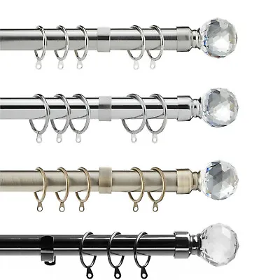 Extendable Curtain Pole Set Metal Curtain Rail 25mm Crystal Rings & Fittings • £9.59