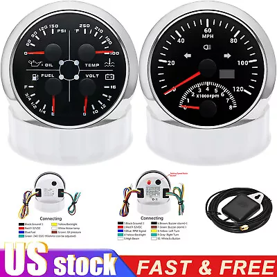 2 Gauge Set 85mm GPS Speedometer W/Tacho&85mm 4 IN 1 Gauge Fuel/Oil/Temp/Volt US • $85.89