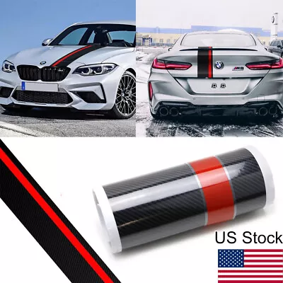 78  5D Carbon Fiber Pattern W/Red Rally Racing Stripe Hood Decal Wrap Sticker • $18.99