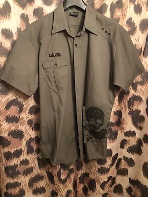 ADELINE STREET Green PUNK SKULL Button SHIRT - Size L - ￼Billie Joe Armstrong • $42.25