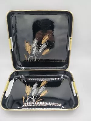 Vintage Japanese Black Lacquer Plastic Serving Tray 2 Piece Set Wheat (READ) • $24.99