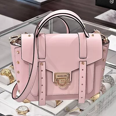 Michael Kors Manhattan Md School Satchel Studded Leather Bag Pink Powder Blush • $139