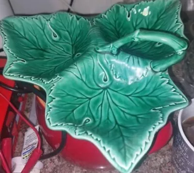 Vintage 1960 Wedgwood Etruria Majolica Green Cabbage Leaf Divided Dish • £45