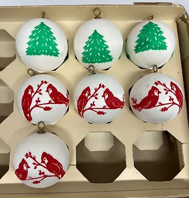 Vtg White Spun Satin Christmas Ornaments Cardinal Tree Stencil Lot Of 10 • $15