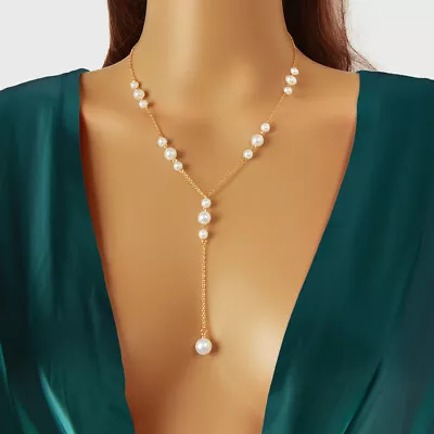 Elegant Pearl Bead Decor Gold Chain Y Style Long Pendant Necklace Party Jewelry • $1.99
