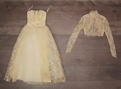 Vtg Women's 50s Ivory Lace Wedding Dress W/ Lace Bolero XS/S 1950s Formal Gown • $149.99