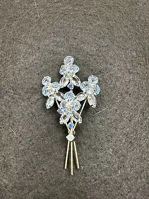 Vintage Blue Rhinestone Flower Bouquet Brooch Silvertone Open Back • $39