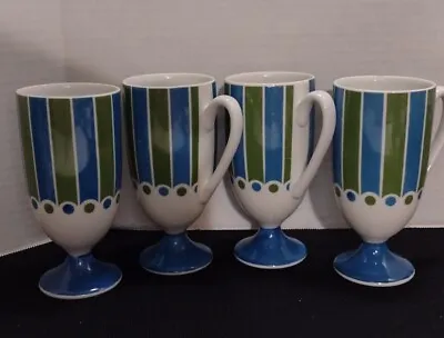 Vintage Retro Pedestal Coffee Cup Mug Green Blue Mod Stripes MCM Set Of 4 Mugs • $32.99