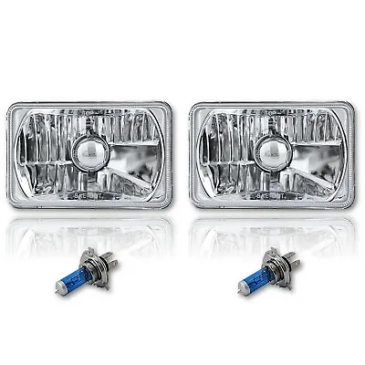 4X6 Diamond Crystal Clear Glass Lens Metal Headlight H4 Light Bulb Headlamp Pair • $49.95