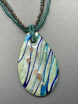 Vintage Murano Art Glass Pendant  Multi Chain Necklace 18” Aqua Blue White • $20