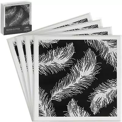 Set Of 4 Glass Sparkly Silver Glitter Feather Design Mirror Tea Coffee Coasters • £6.75