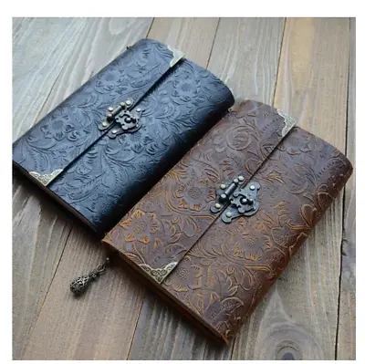 $63.24 • Buy Embossed Vintage Floral Leather Bound Blank Journal Diary Gift Lock Key Notebook