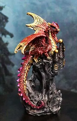 Metallic Crimson Red Dragon Guarding Castle Tower On Mountain Cliff Figurine • $16.99