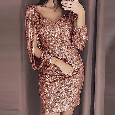 Women Glitter Sequin Dress Fashion V Neck Long Sleeve Bodycon Party Cocktail • $18.89