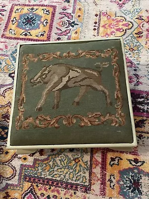 Vintage Wild Boar Needlepoint Foot Stool Green Shabby Chic Cottagecore Handmade • $85