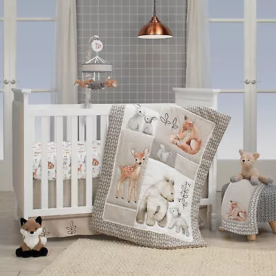 Lambs & Ivy Painted Forest 4-Piece Crib Bedding Set - Gray Beige White • $169.99